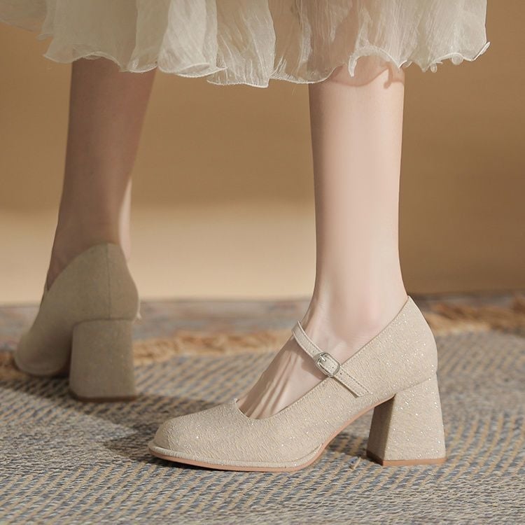 Pantofi Mary Jane pentru nuntă, cataramă, vârf rotund, PU partea superioară, toc gros 3–6 cm, talpă din cauciuc