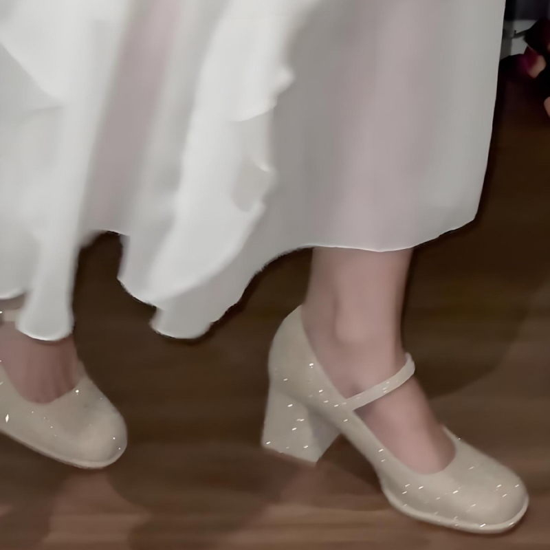 Pantofi Mary Jane pentru nuntă, cataramă, vârf rotund, PU partea superioară, toc gros 3–6 cm, talpă din cauciuc