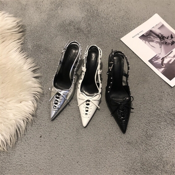 Sandale Bowknot pentru femei, vârf ascuțit, toc mediu subțire 3–6 cm, închidere cu cataramă, PU vamp, căptușeală PU, talpă PU