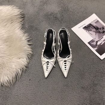 Sandale Bowknot pentru femei, vârf ascuțit, toc mediu subțire 3–6 cm, închidere cu cataramă, PU vamp, căptușeală PU, talpă PU