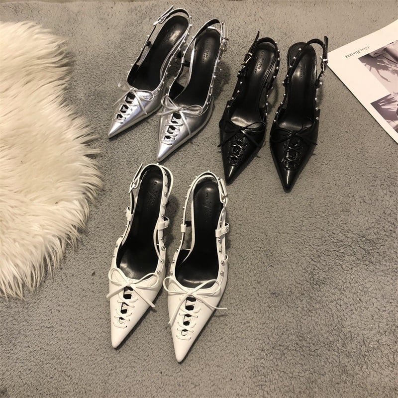 Sandale Bowknot pentru femei, vârf ascuțit, toc mediu subțire 3–6 cm, închidere cu cataramă, PU vamp, căptușeală PU, talpă PU