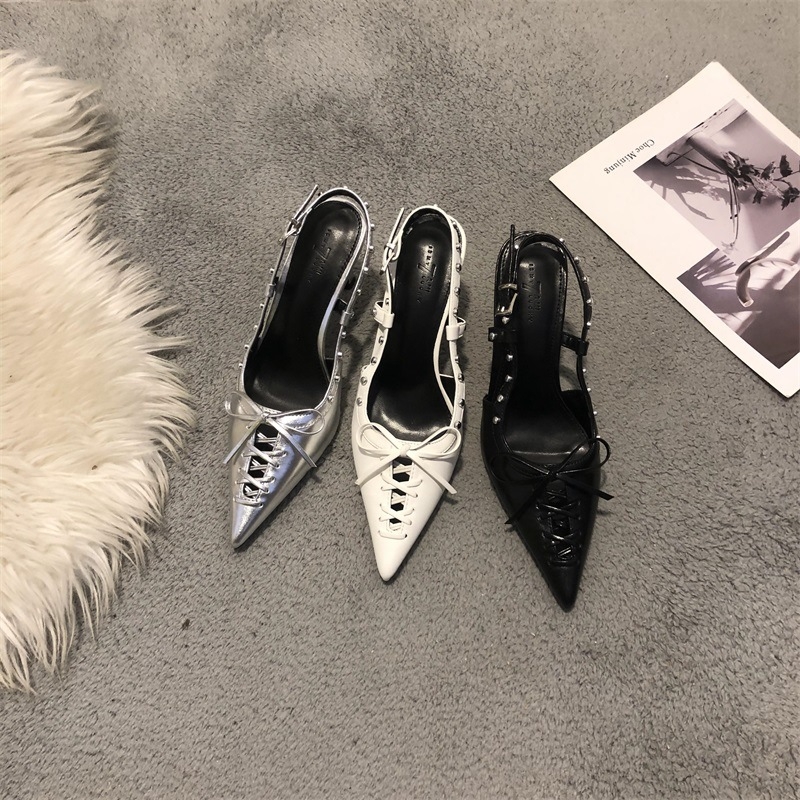 Sandale Bowknot pentru femei, vârf ascuțit, toc mediu subțire 3–6 cm, închidere cu cataramă, PU vamp, căptușeală PU, talpă PU