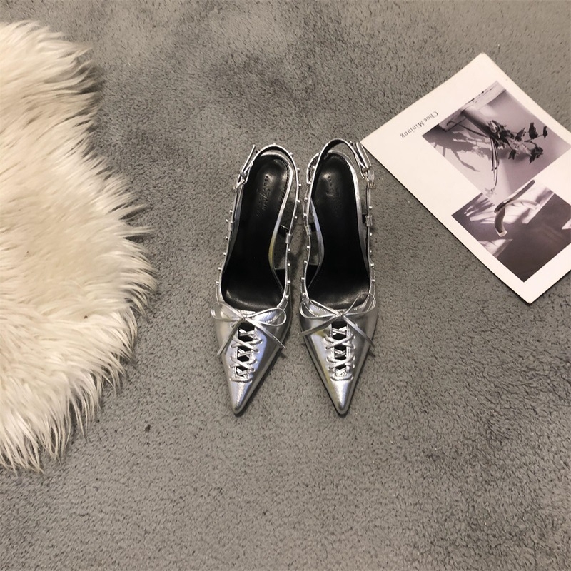 Sandale Bowknot pentru femei, vârf ascuțit, toc mediu subțire 3–6 cm, închidere cu cataramă, PU vamp, căptușeală PU, talpă PU