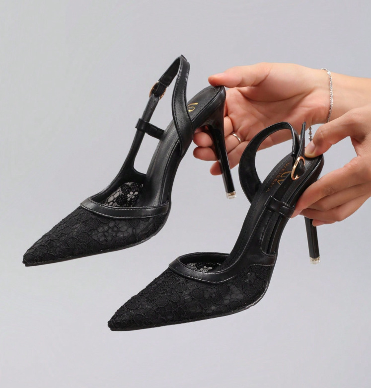 WEIBENA Pantofi de mireasă cu toc - Dantelă plasă, vârf ascuțit, toc ultra înalt subțire, vară