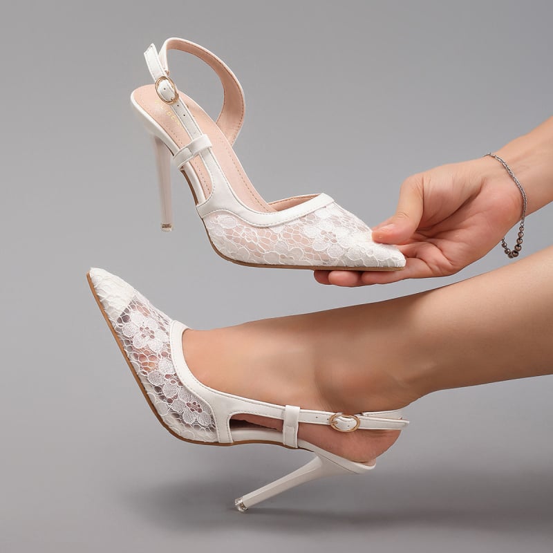 WEIBENA Pantofi de mireasă cu toc - Dantelă plasă, vârf ascuțit, toc ultra înalt subțire, vară