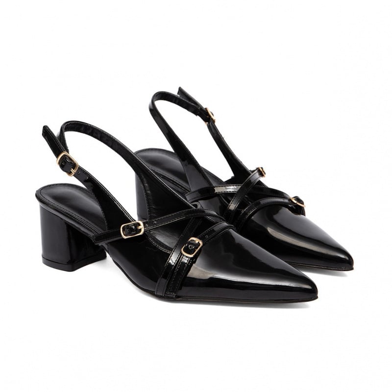 Pantofi cu toc înalt, vârf ascuțit, spate deschis și cataramă, TPU partea superioară, toc de 3-6 cm