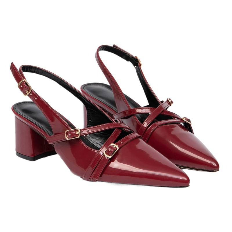 Pantofi cu toc înalt, vârf ascuțit, spate deschis și cataramă, TPU partea superioară, toc de 3-6 cm