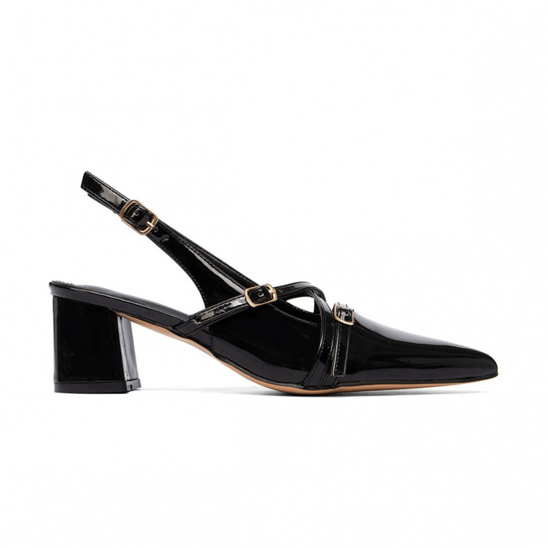 Pantofi cu toc înalt, vârf ascuțit, spate deschis și cataramă, TPU partea superioară, toc de 3-6 cm