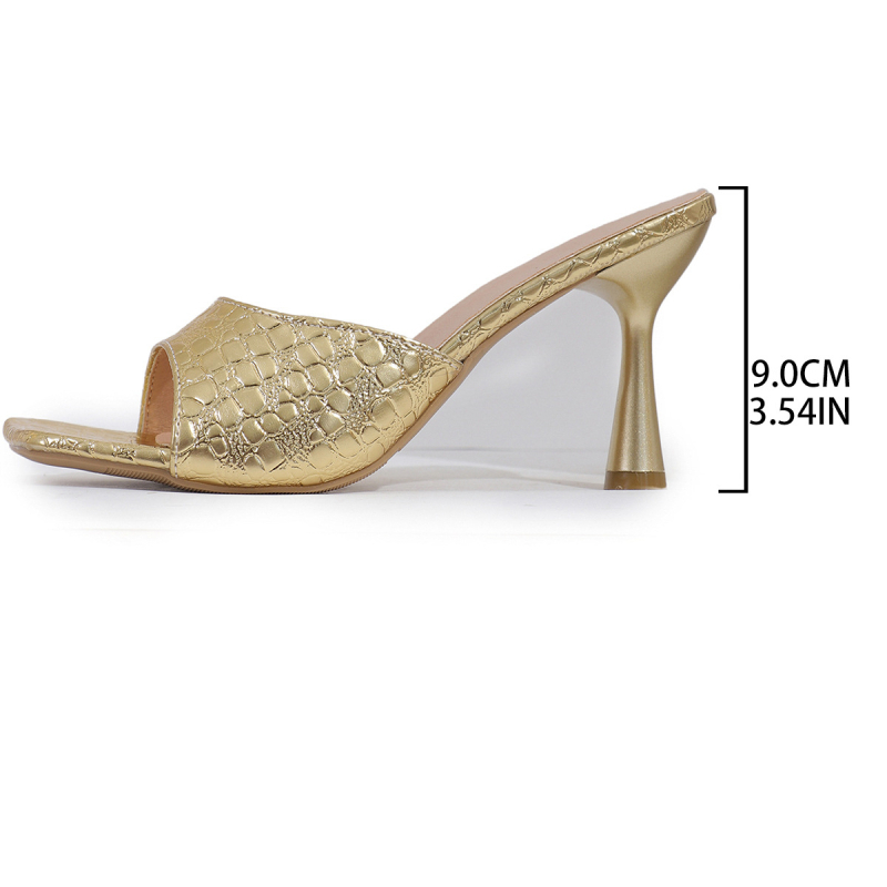 Sandale dama cu toc înalt, vârf pătrat, talpă din cauciuc, interior PU, exterior PU, înălțime toc 6-8 cm