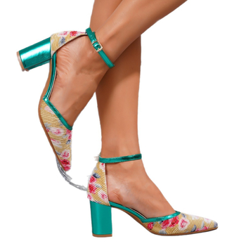 Обувки на високи токчета с остър нос, дебел ток и презрамка с една катарама; PU горна част, TPU подметка