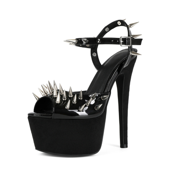 Sandale cu un bretea, piele artificială, vârf în formă de gură de pește, tocuri subțiri peste 8 cm, închidere cu cataramă