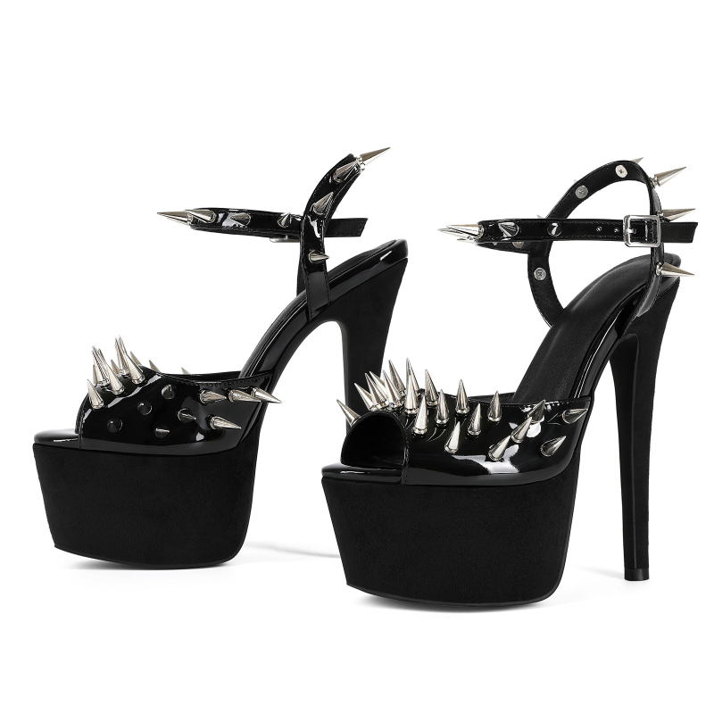 Sandale cu un bretea, piele artificială, vârf în formă de gură de pește, tocuri subțiri peste 8 cm, închidere cu cataramă