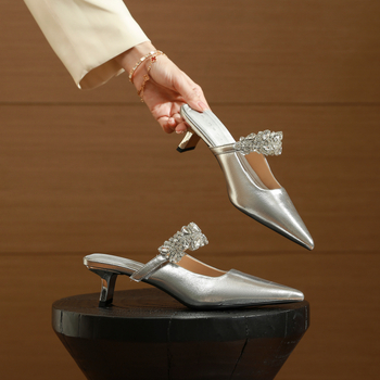 Papuci dama cu toc înalt, vârf ascuțit, microfibră pe partea superioară, 5 cm toc, talpă din cauciuc, căptușeală PU