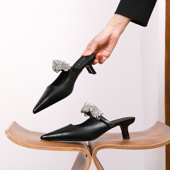 Papuci dama cu toc înalt, vârf ascuțit, microfibră pe partea superioară, 5 cm toc, talpă din cauciuc, căptușeală PU