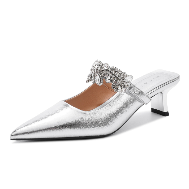 Papuci dama cu toc înalt, vârf ascuțit, microfibră pe partea superioară, 5 cm toc, talpă din cauciuc, căptușeală PU