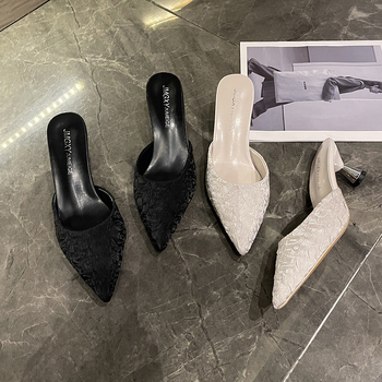 Mule Baotou cu vârf ascuțit, stil coreean, partea superioară din țesătură, talpă din cauciuc