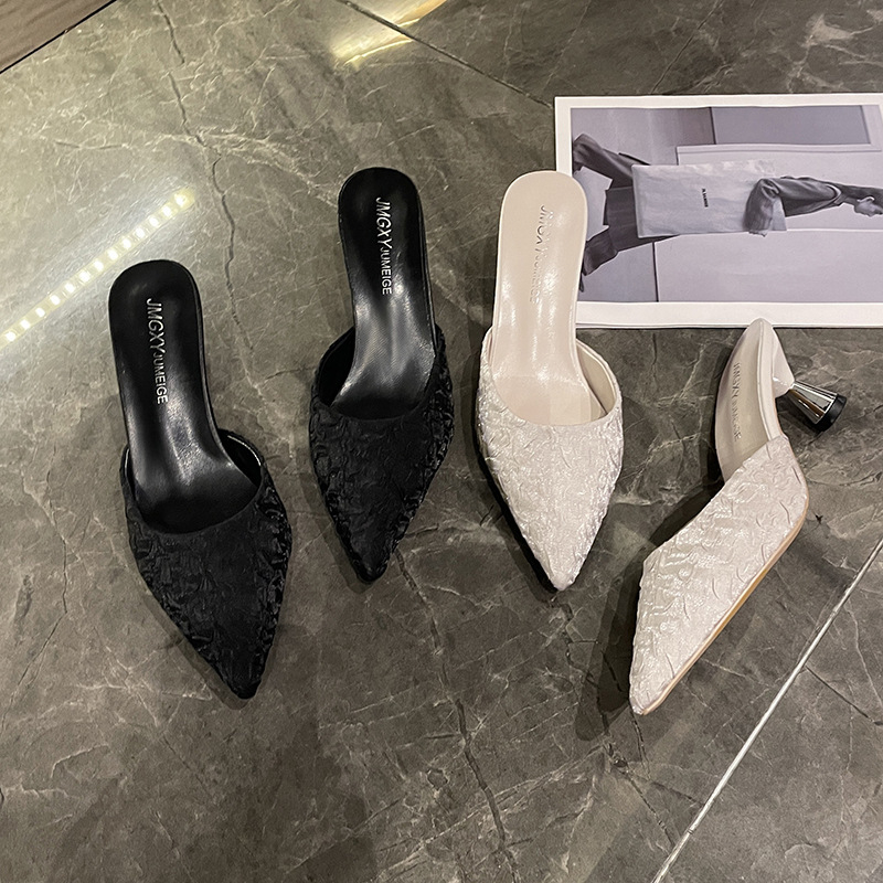 Mule Baotou cu vârf ascuțit, stil coreean, partea superioară din țesătură, talpă din cauciuc