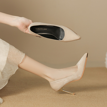 Pantofi dama din velur, cu vârf ascuțit, stil office, toc subțire 6-8 cm