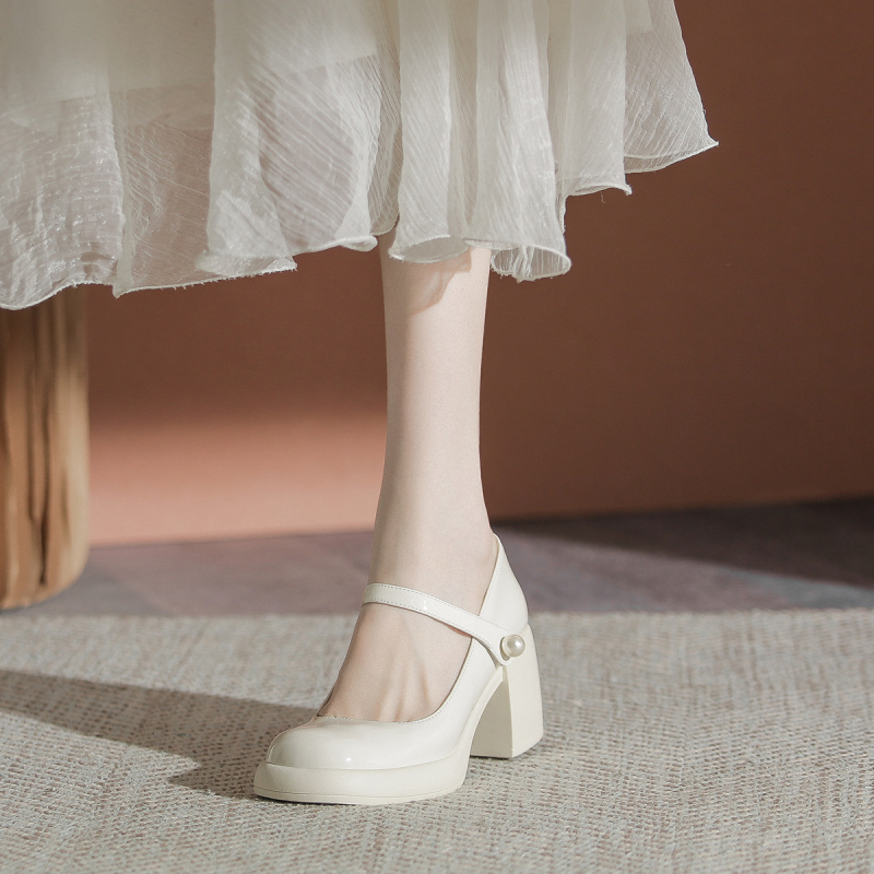 Pantofi Mary Jane cu vârf rotund, vampă din PU, toc gros, stil retro, înălțime toc 6–8 cm