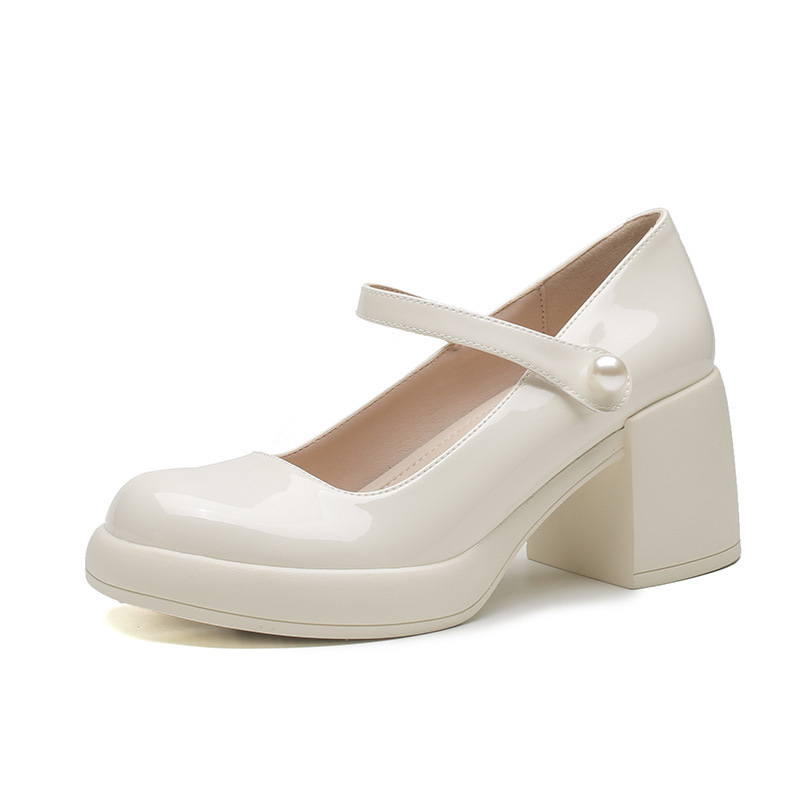 Pantofi Mary Jane cu vârf rotund, vampă din PU, toc gros, stil retro, înălțime toc 6–8 cm