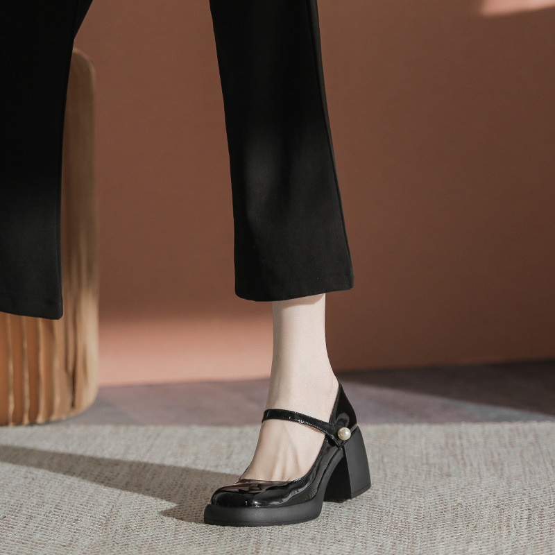 Pantofi Mary Jane cu vârf rotund, vampă din PU, toc gros, stil retro, înălțime toc 6–8 cm