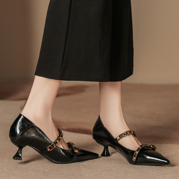 Pantofi pentru banchet cu vârf ascuțit, din microfibră, stil coreean, toc mediu 3–6 cm, talpă din cauciuc