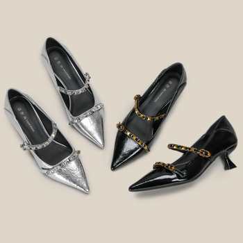 Pantofi pentru banchet cu vârf ascuțit, din microfibră, stil coreean, toc mediu 3–6 cm, talpă din cauciuc