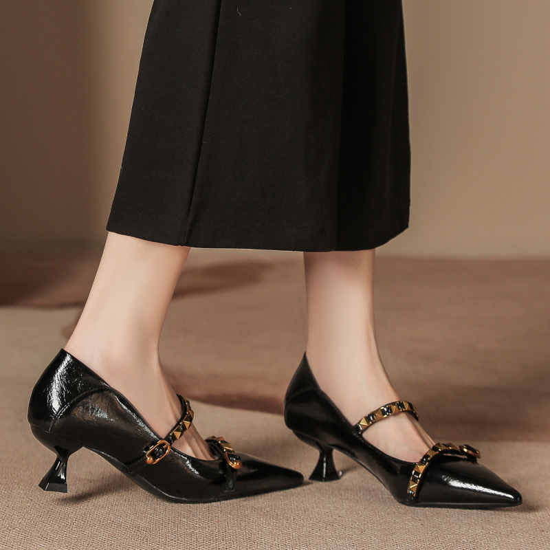 Pantofi pentru banchet cu vârf ascuțit, din microfibră, stil coreean, toc mediu 3–6 cm, talpă din cauciuc