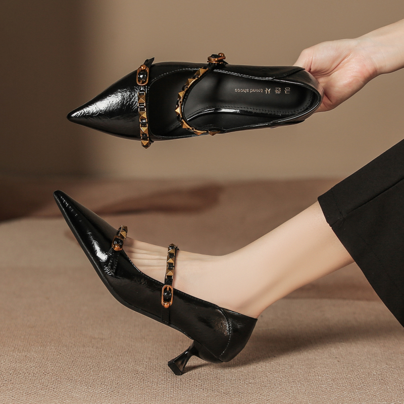 Pantofi pentru banchet cu vârf ascuțit, din microfibră, stil coreean, toc mediu 3–6 cm, talpă din cauciuc