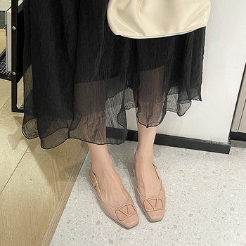 Sandale plate pentru femei, vârf pătrat, cataramă în formă de V, PU piele, talpă din Cauciuc