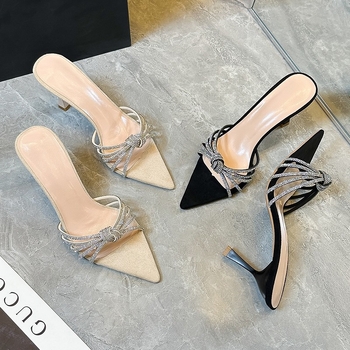 Pantofi dama cu toc înalt, vârf ascuțit, exterior: fibre super, căptușire PU, talpă din cauciuc, vara 2025