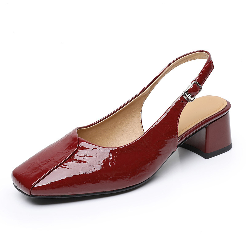 Sandale cu un singur cureu, vârf pătrat, piele patentată, design cu spate decupat, toc gros