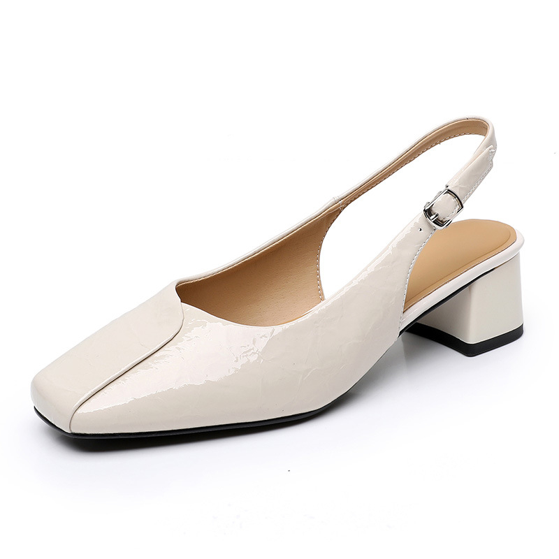 Sandale cu un singur cureu, vârf pătrat, piele patentată, design cu spate decupat, toc gros