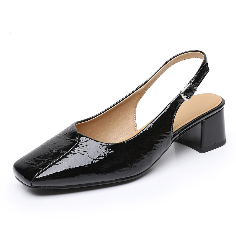 Sandale cu un singur cureu, vârf pătrat, piele patentată, design cu spate decupat, toc gros