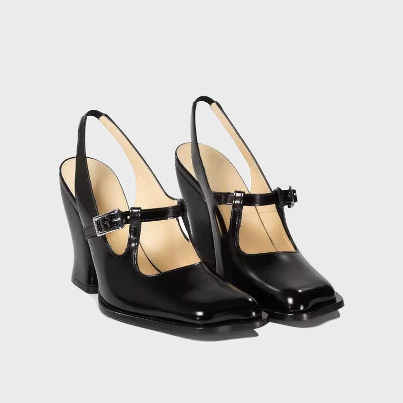 Pantofi Mary Jane cu o curea, vârf pătrat, toc gros, partea superioară piele de miel