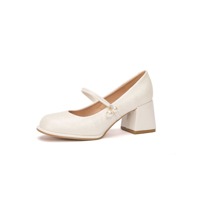 Pantofi Mary Jane pentru femei, partea superioară din satin mătăsos, vârf rotund, toc mediu 3-6 cm, închidere cu cataramă