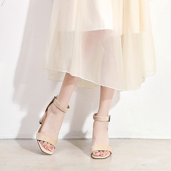 Sandale pentru femei, curea unică cu cataramă, toc mediu 3–5 cm, vârf pătrat, talpă din cauciuc