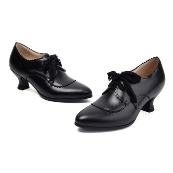 Pantofi dama cu șireturi, stil retro, inspirați din Roma, vârf ascuțit, partea superioară din PU, toc gros de înălțime medie, talpă din cauciuc