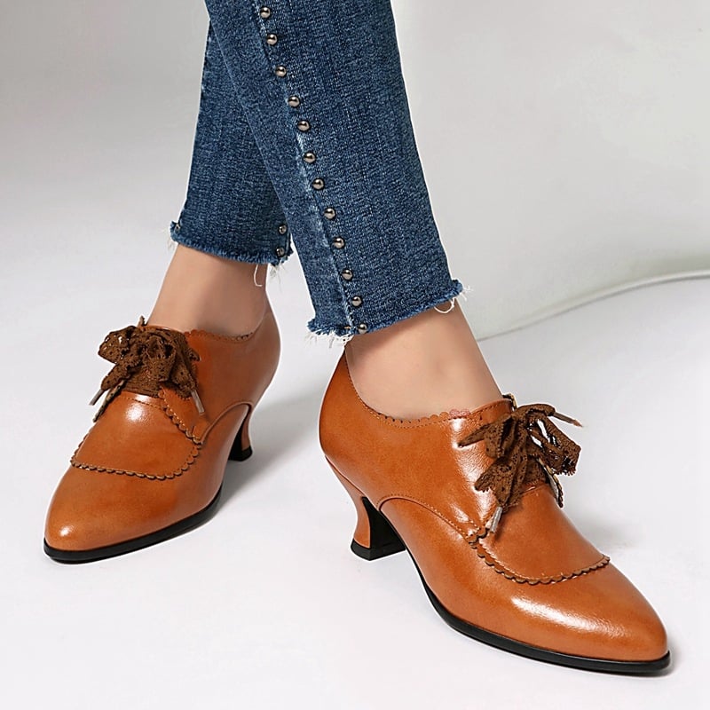 Pantofi dama cu șireturi, stil retro, inspirați din Roma, vârf ascuțit, partea superioară din PU, toc gros de înălțime medie, talpă din cauciuc
