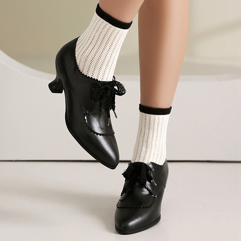 Pantofi dama cu șireturi, stil retro, inspirați din Roma, vârf ascuțit, partea superioară din PU, toc gros de înălțime medie, talpă din cauciuc