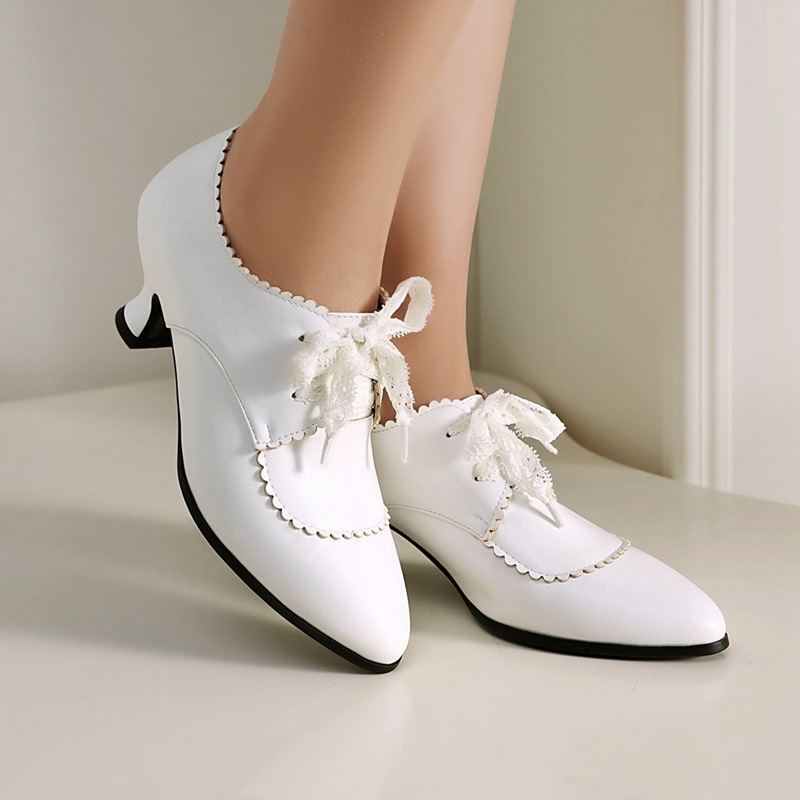 Pantofi dama cu șireturi, stil retro, inspirați din Roma, vârf ascuțit, partea superioară din PU, toc gros de înălțime medie, talpă din cauciuc