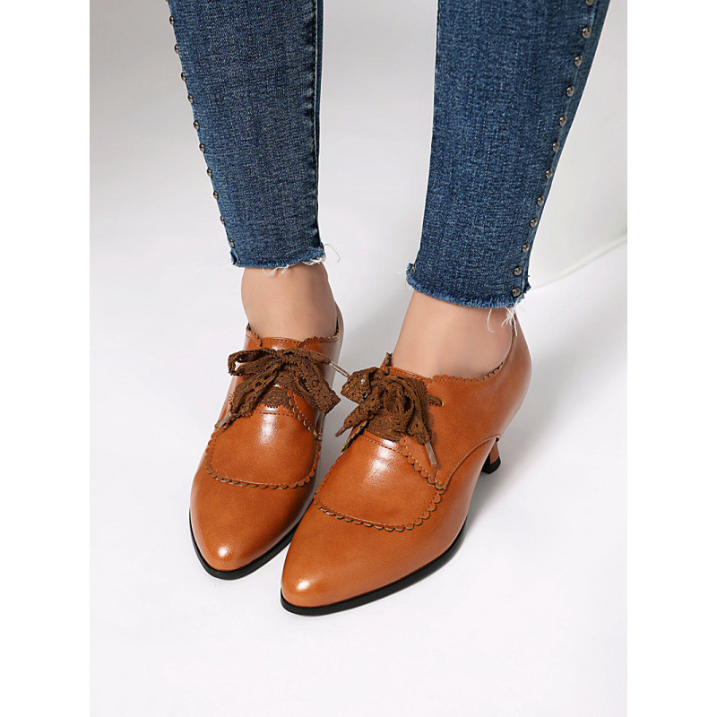 Pantofi dama cu șireturi, stil retro, inspirați din Roma, vârf ascuțit, partea superioară din PU, toc gros de înălțime medie, talpă din cauciuc