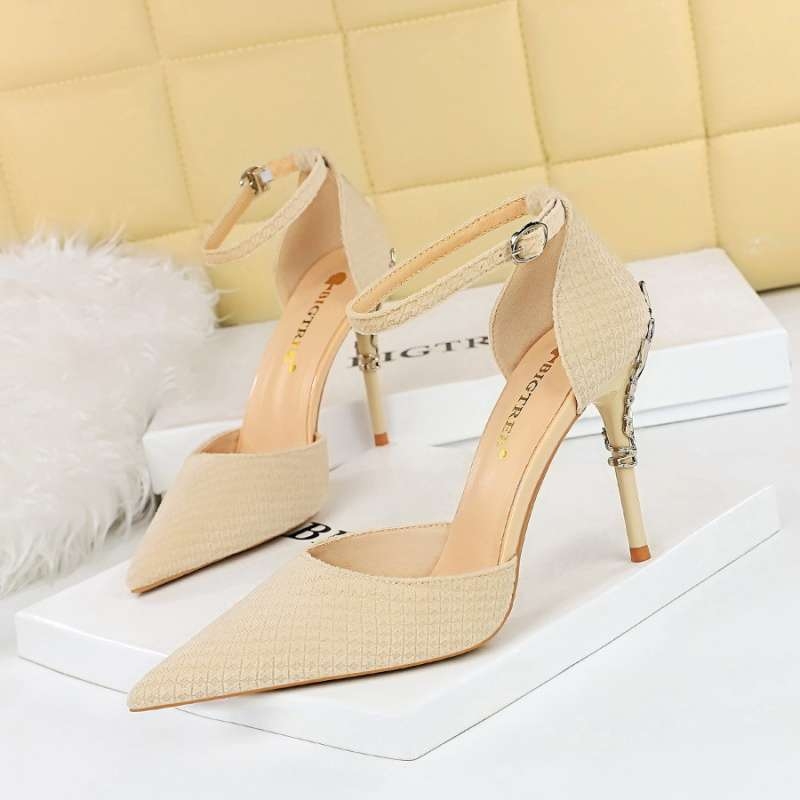 Korejskog stila suede sandale s jednim kaišem, otvoreni dizajn, zašiljeni vrh prsta, visoki pet iznad 8 cm