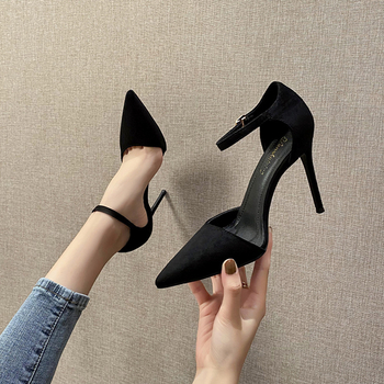 Sandale cu toc înalt din velur, vârf ascuțit, curea unică, design decupat, stil coreean, toc 6-8 cm