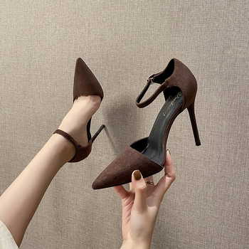 Sandale cu toc înalt din velur, vârf ascuțit, curea unică, design decupat, stil coreean, toc 6-8 cm