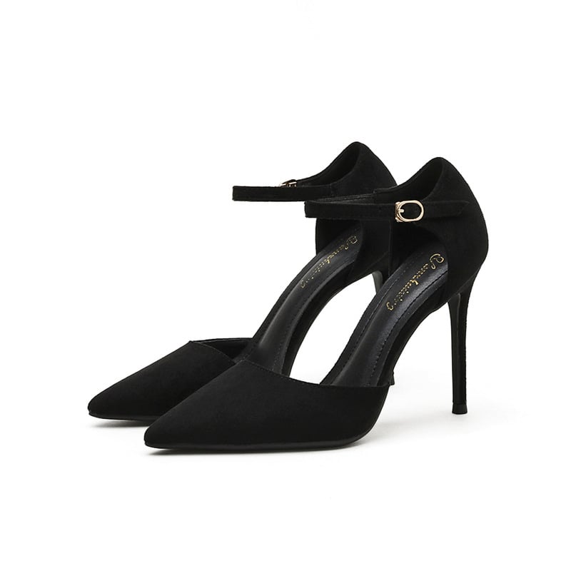 Sandale cu toc înalt din velur, vârf ascuțit, curea unică, design decupat, stil coreean, toc 6-8 cm