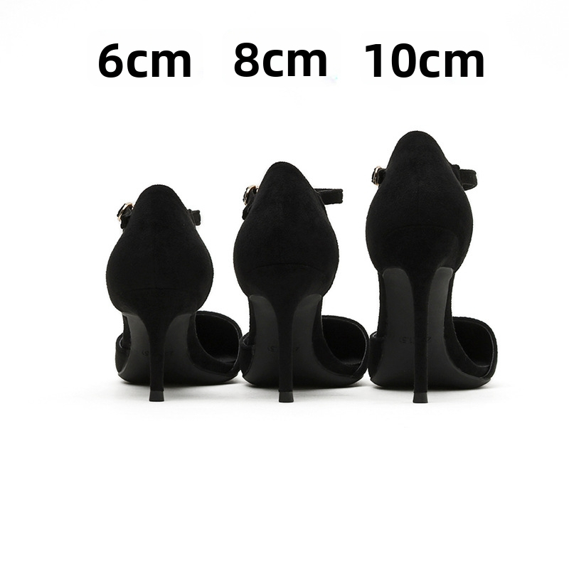 Sandale cu toc înalt din velur, vârf ascuțit, curea unică, design decupat, stil coreean, toc 6-8 cm