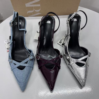 Ženske mule s denim remenom, špicastim nosem, uskim potpeticama 6–8 cm