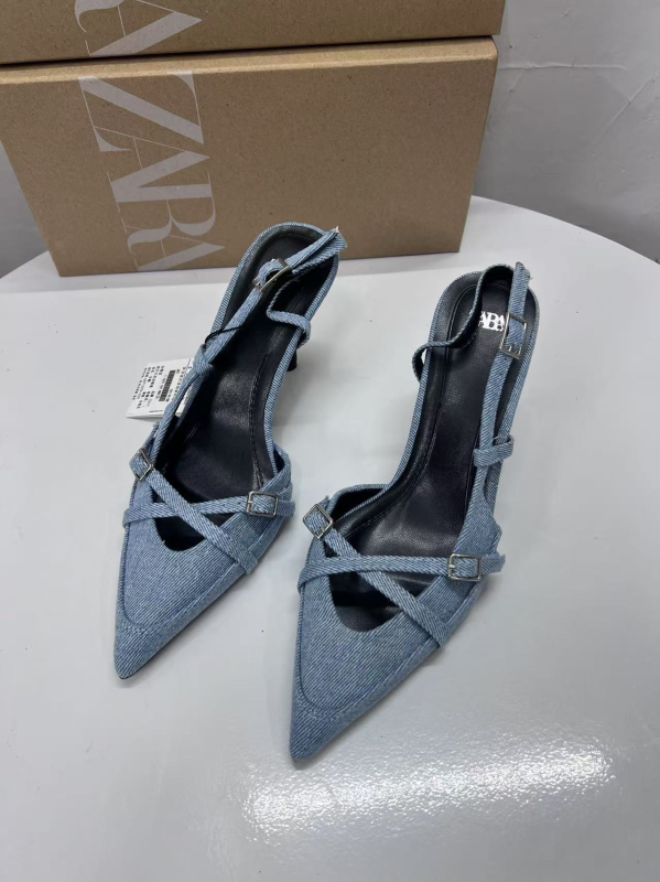 Ženske mule s denim remenom, špicastim nosem, uskim potpeticama 6–8 cm