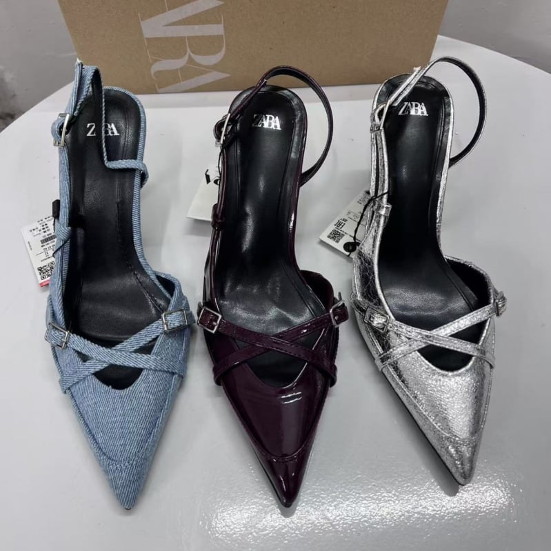 Ženske mule s denim remenom, špicastim nosem, uskim potpeticama 6–8 cm